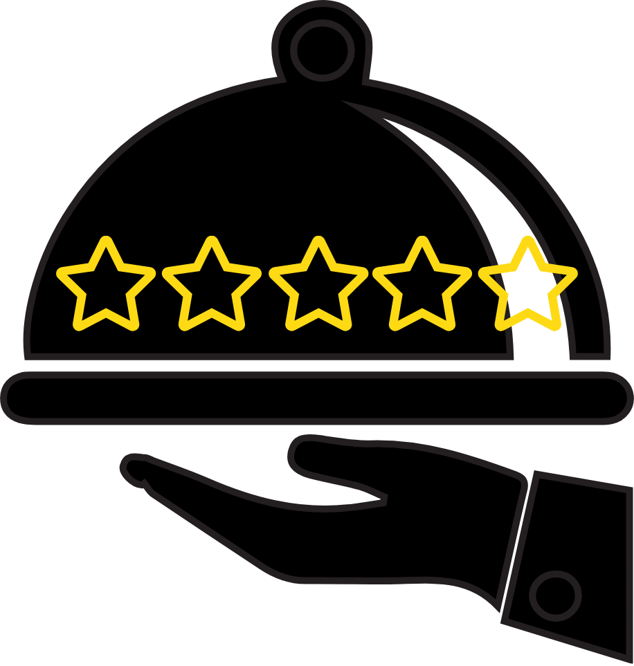 Rate Foods Logo, a disembodied hand holding a fancy tray with its top on. There is 5 starts on the top, and 4 of them are filled, with the rightmost one being empty.